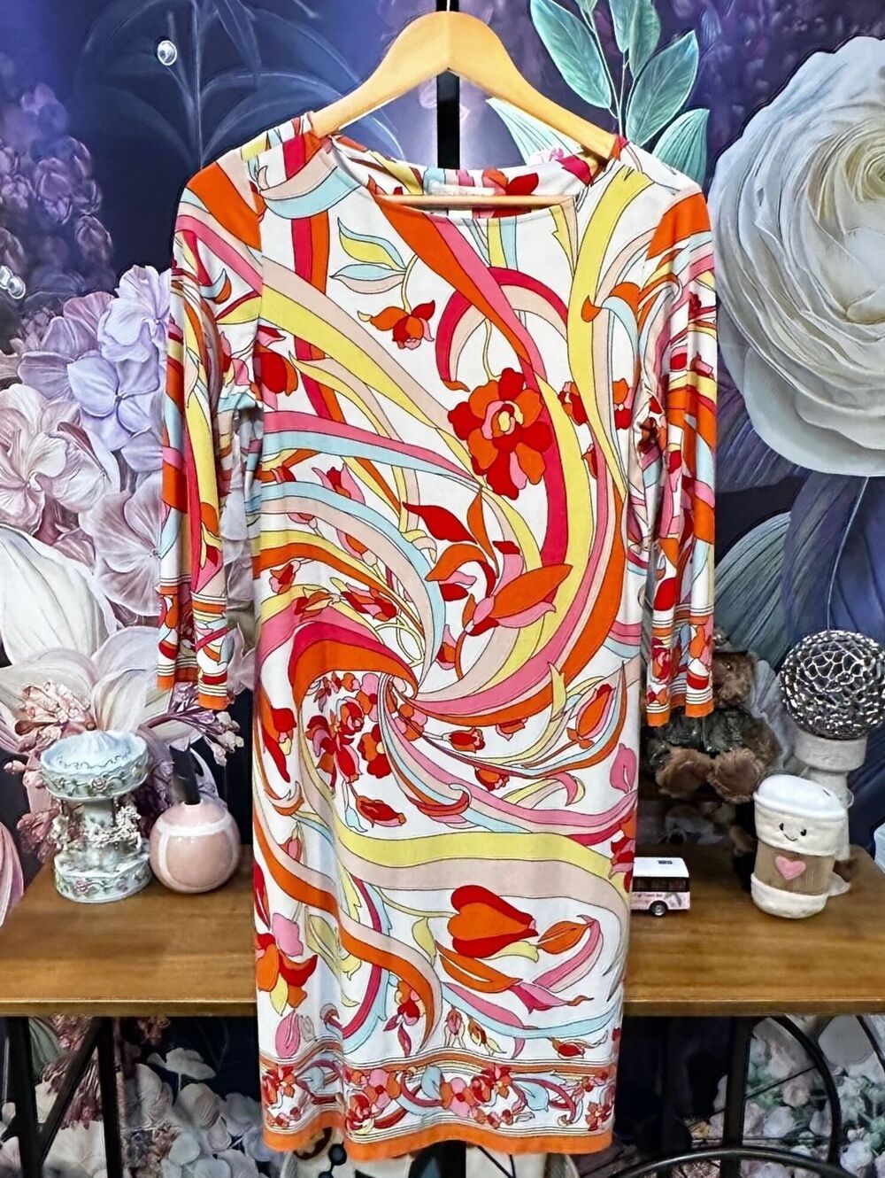 London Times 8 Shift Dress Floral Swirl Print 3/4 Sleeve Retro Boho Multicolor